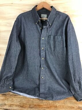 VTG LL Bean Button Up Mens Size Large Charcoal Gray Work Shirt Hong Kong